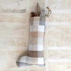 Brushed Plaid Cotton Flannel Stocking, Multi Color Beige & Taupe