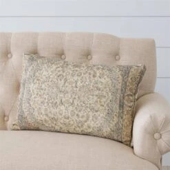 Antique Rug Slub Lumbar Pillow, Dusty Blue & Ivory