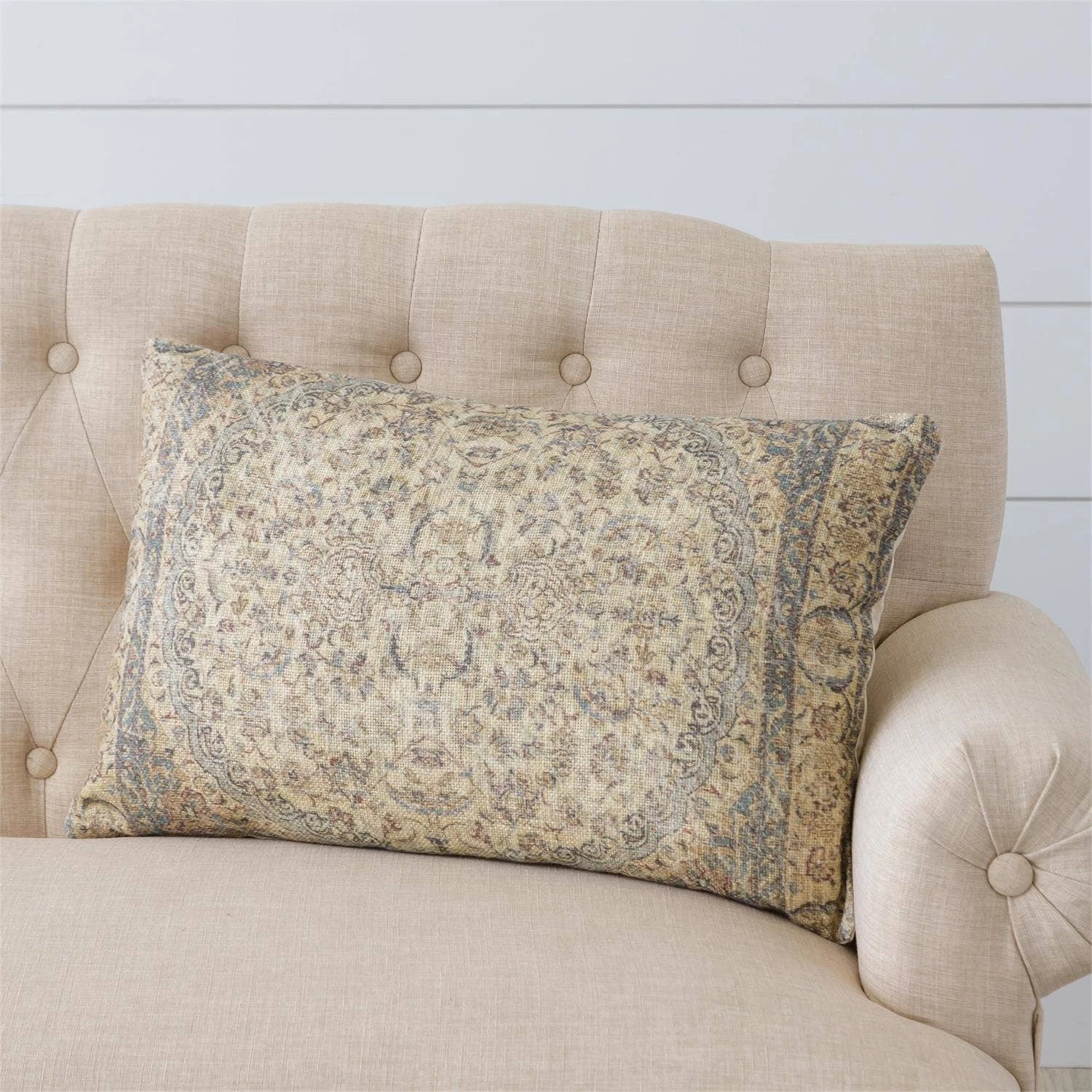 Antique Rug Slub Lumbar Pillow, Dusty Blue & Ivory 1 Antique Rug Slub Lumbar Pillow, Dusty Blue & Ivory