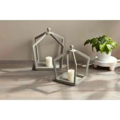 Gray Washed Wood Beaded Lantern, 2 Size Options By Mud Pie