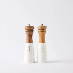 Two-Tone Wood & Enamel White-Dipped Salt & Pepper Mill Shaker Set By Mud Pie
