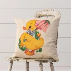 Vintage "Look" Duck Holding Spring Flower Umbrella Double-Sided Throw Pillow