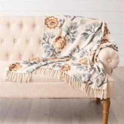 Blue Floral Motif Throw Blanket