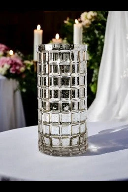 Window Pane Pattern Silver Mercury Glass Vase Candle Holder, 2 SIze Options 2 Window Pane Pattern Silver Mercury Glass Vase Candle Holder, 2 SIze Options - Image 2