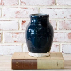 Wide Mouth Terracotta Vase, Dark Blue, 7.5" (Pick Up Only)