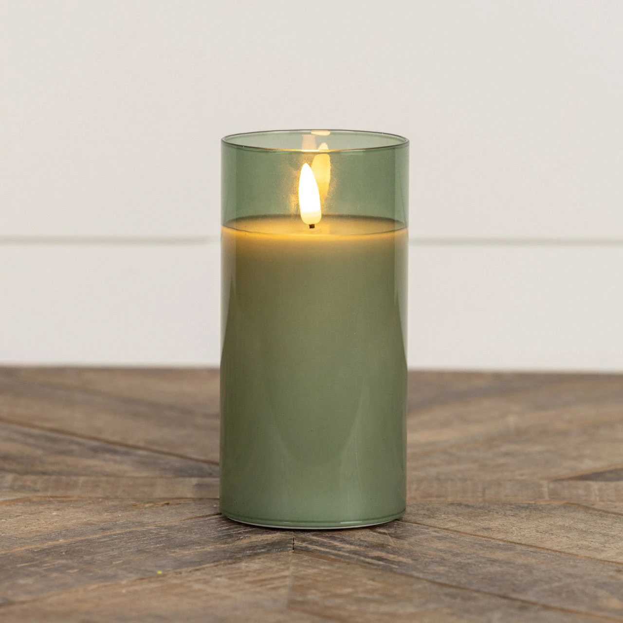 Green Glass 3D Flameless Candle, 3 X 6" T 1 Green Glass 3D Flameless Candle, 3 X 6" T