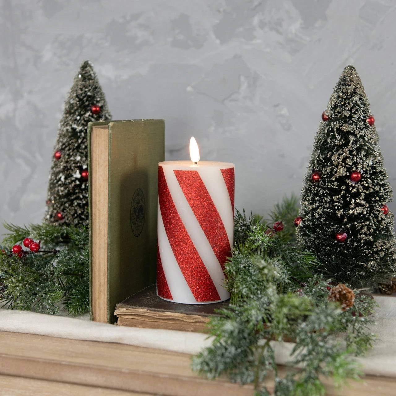 3D Flame Candy Cane Pillar Candle, 5" 1 3D Flame Candy Cane Pillar Candle, 5"