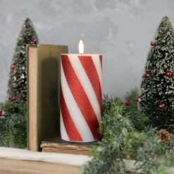 3D Flame Candy Cane Pillar Candle, 6"