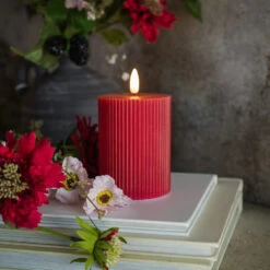 3D Flame Grooved Pillar Candle, Red, 4"