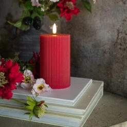 3D Flame Grooved Pillar Candle, Red, 5"