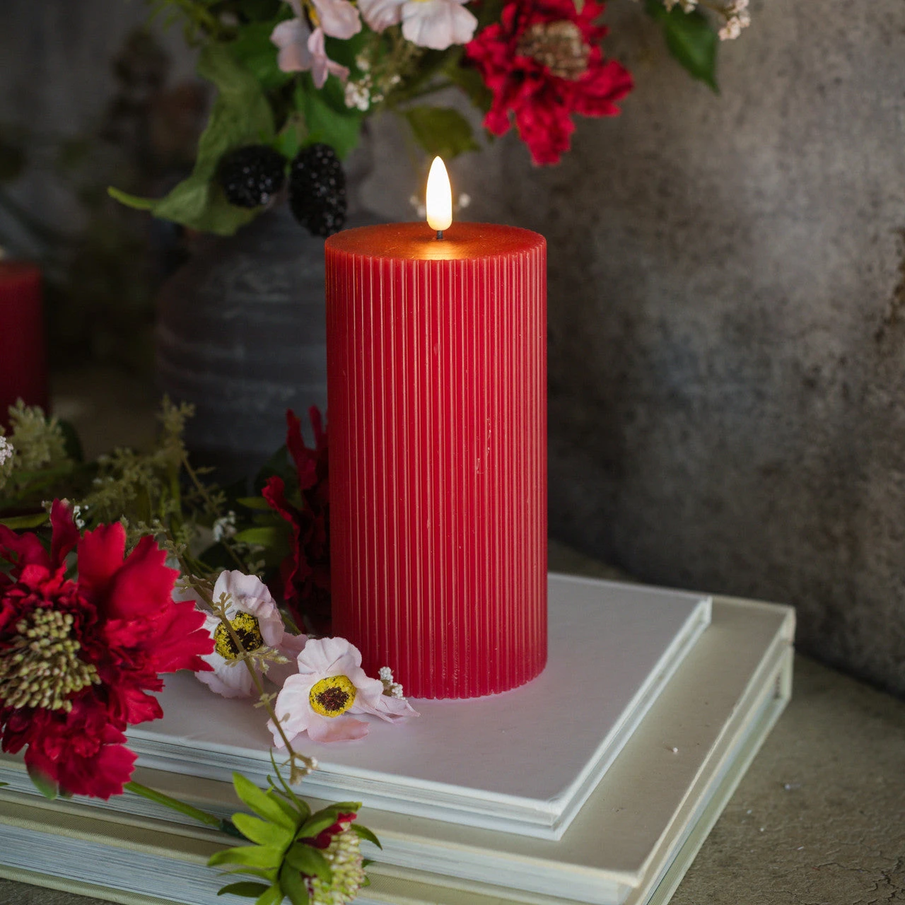 3D Flame Grooved Pillar Candle, Red, 6" 1 3D Flame Grooved Pillar Candle, Red, 6"