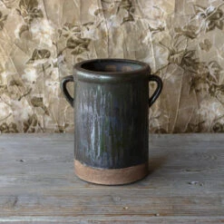 Drip Glazed Pottery Crock, Aged Olive Green, Large By Porch View Home (Pick Up Only)