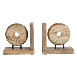 Hand-Carved Mango Wood & Metal Circle Bookends On Stand, Natural, 2-Piece Set