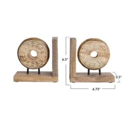 Hand-Carved Mango Wood & Metal Circle Bookends On Stand, Natural, 2-Piece Set -Home Decor Sale Store ah2772 9