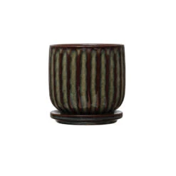 Round Stoneware Fluted Planter Pot With Saucer (Pick Up Only)