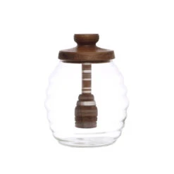Pleated Glass Honey Jar With Acacia Wood Lid & Attached Honey Dipper, Natural