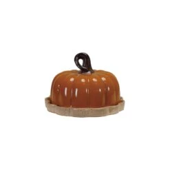 Stoneware Pumpkin Shaped Butter Dish With Stem Handle