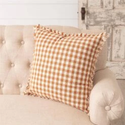Ruffled Cotton Throw Pillow, Rust & Cream Check