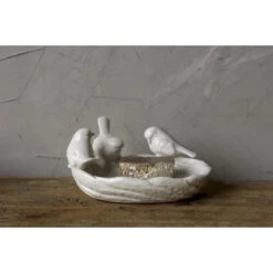 Decorative Ceramic Leaf Dish With 3D Birds, White
