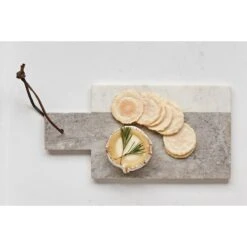Marble Cutting Board With Handle & Leather Tie, Grey & White
