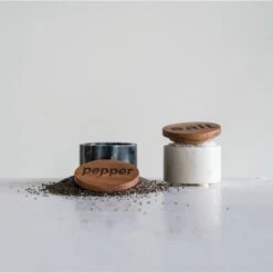 Round Marble Salt - OR - Pepper Container With Wood Lid, Each Container Sold Separately