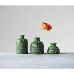 Embossed Stoneware Vase, Green, 3 Size Options