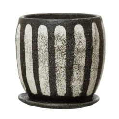 Hand-Painted Terra-cotta Planter With Saucer, Black & White
