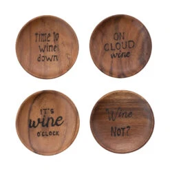 Tapas Plates With Burned Wine Saying & Abaca Tie, Natural, Set Of 4