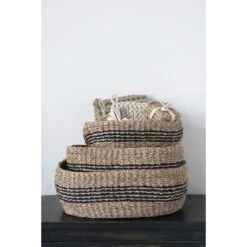 Hand-Woven Seagrass Baskets With Stripes, Natural & Black, 3 Size Options