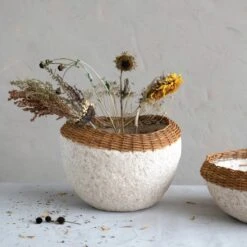 Decorative Handmade Paper Mache Bowl With Hand-Woven Wicker Rim, White & Natural