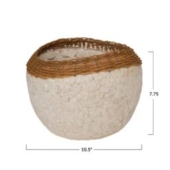 Decorative Handmade Paper Mache Bowl With Hand-Woven Wicker Rim, White & Natural -Home Decor Sale Store df6509 3