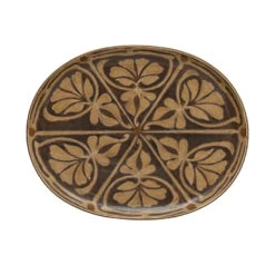 Oval Hand-Painted Stoneware Platter With Pattern, Brown & Taupe (Pick Up Only)