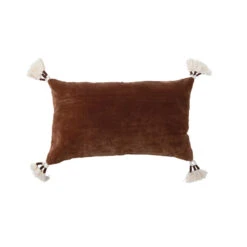 Cotton Velvet Lumbar Pillow With Tassels, Brown & Cream