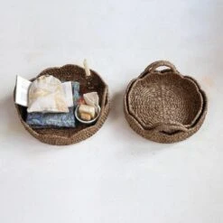 Round Decorative Braided Bankuan & Rattan Tray With Scalloped Edge & Handles, Natural, 3 Size Options