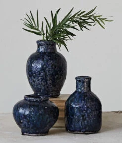 Decorative Terra-Cotta Vase, Crackle Glaze, Blue, 3 Style Options