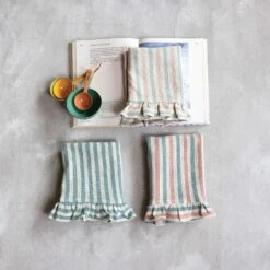 Woven Cotton Tea Towel With Stripes & Ruffle, Multi Color, 3 Style Options