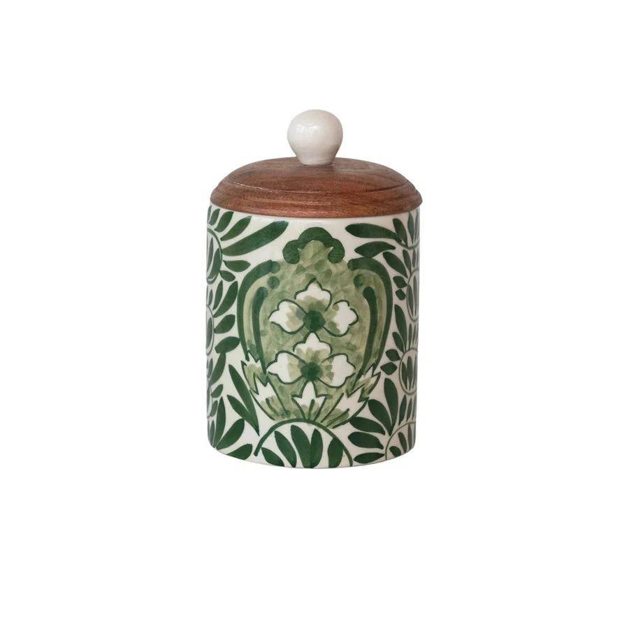Hand-Painted Stoneware Canister With Design & Acacia Wood Lid, Cream, Green & Natural 1 Hand-Painted Stoneware Canister With Design & Acacia Wood Lid, Cream, Green & Natural