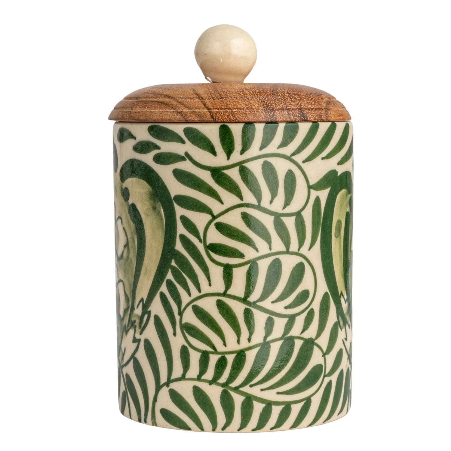 Hand-Painted Stoneware Canister With Design & Acacia Wood Lid, Cream, Green & Natural 4 Hand-Painted Stoneware Canister With Design & Acacia Wood Lid, Cream, Green & Natural - Image 4