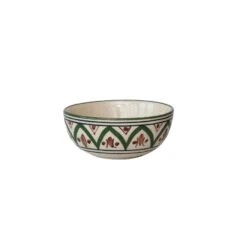 Hand-Painted Stoneware Bowl With Design, Cream, Brown & Green