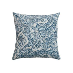 Paisley Pattern Printed Pillow, Hand-Embroidered Kantha Stitch & Chambray Back, Natural & Blue