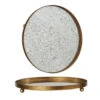 Round Decorative Metal Footed Antiqued Mirror Tray, Gold Finish