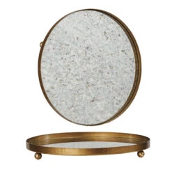 Round Decorative Metal Footed Antiqued Mirror Tray, Gold Finish