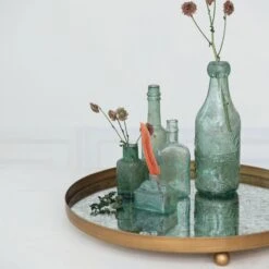 Round Decorative Metal Footed Antiqued Mirror Tray, Gold Finish -Home Decor Sale Store df9789 2