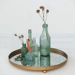 Round Decorative Metal Footed Antiqued Mirror Tray, Gold Finish -Home Decor Sale Store df9789 3