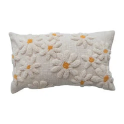 Cotton Slub Lumbar Pillow With Tufted Flowers, Natural & Yellow