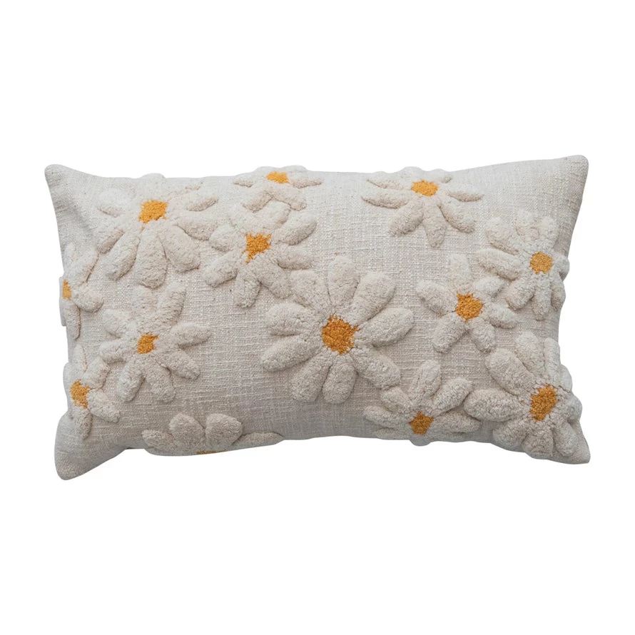 Cotton Slub Lumbar Pillow With Tufted Flowers, Natural & Yellow 1 Cotton Slub Lumbar Pillow With Tufted Flowers, Natural & Yellow