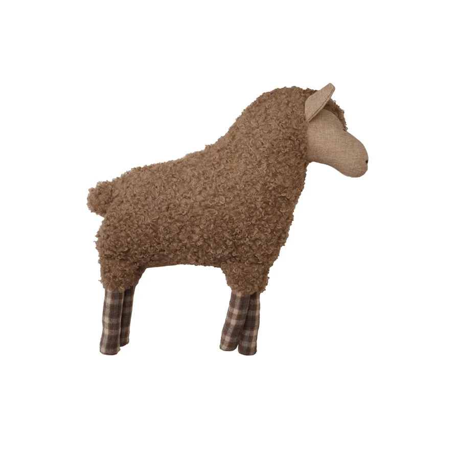 Faux Sherpa Sheep Shaped Pillow With Plaid Pattern, Brown 1 Faux Sherpa Sheep Shaped Pillow With Plaid Pattern, Brown