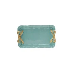 Decorative Metal Tray With Gold Finish Bows, Aqua
