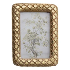 Carved Mango Wood Photo Frame With Diamond Pattern, Gold Foil Finish