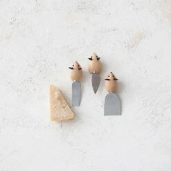 Stainless Steel Cheese Knife With Mouse Shaped Handle & Faux Leather Ears, Boxed Set Of 3